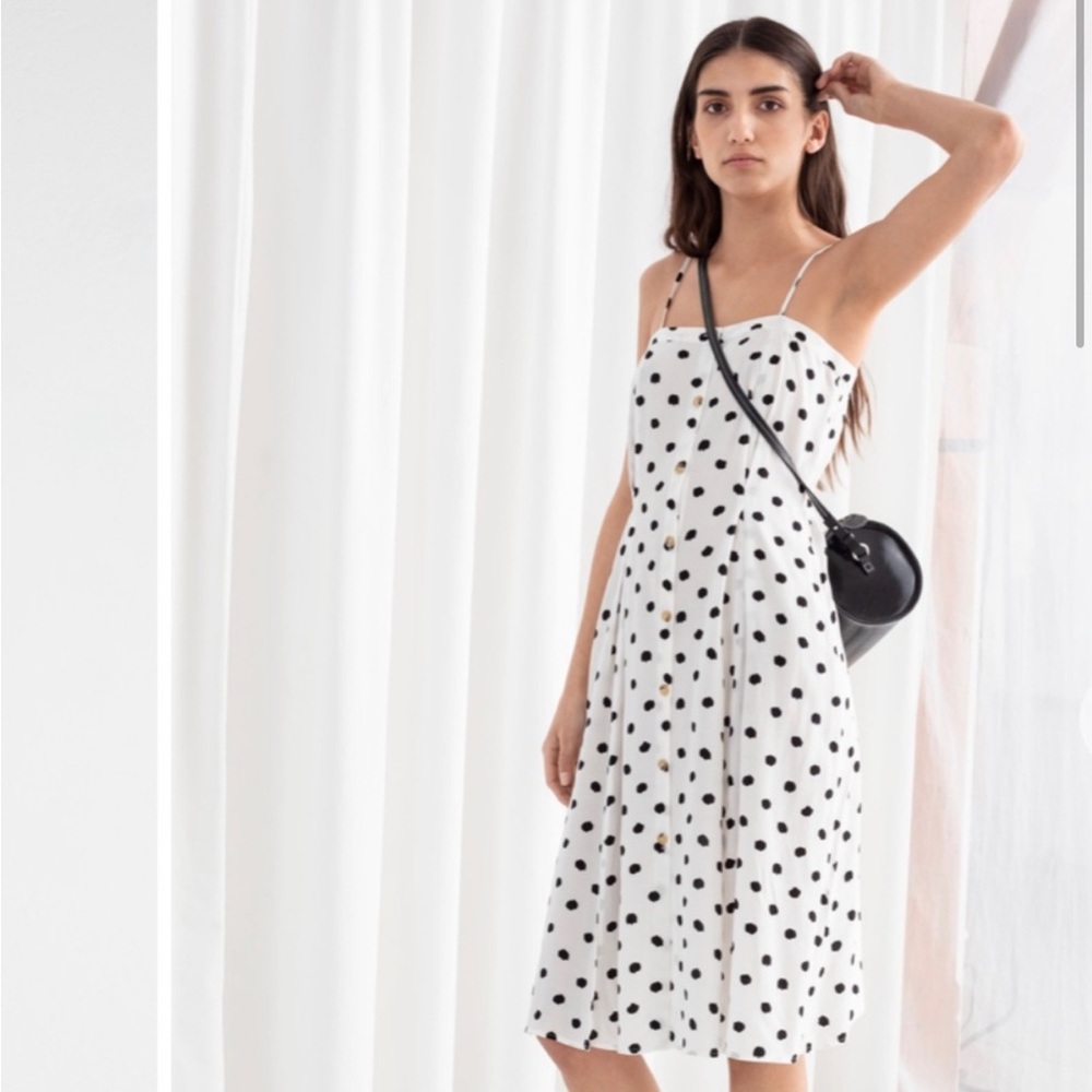 & Other Stories || Polka Dot Button-Front Midi Dress w/ Slits | White + Black 10